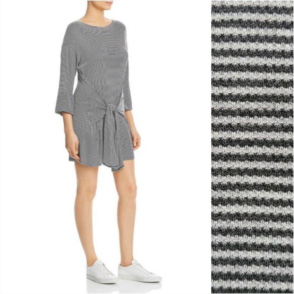 NWT ELAN Grey White Striped 3/4 Sleeve Tie Front T Shirt Dress